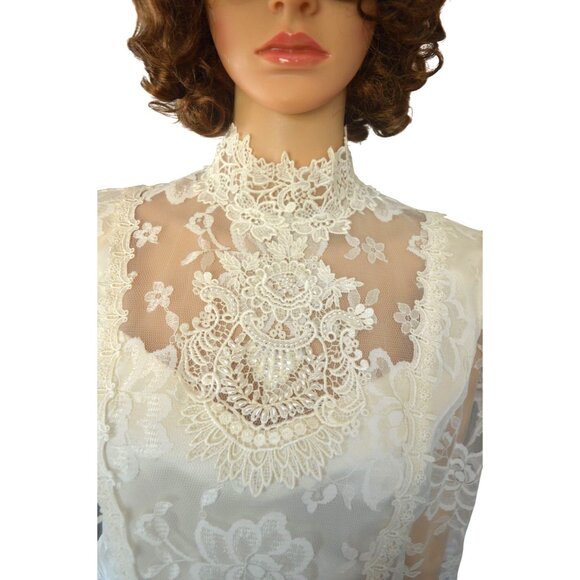 Vintage 80s Ivory Lace Satin 20s Flapper Revival Drop Waist Wedding Dress Size 8 - Picture 4 of 9